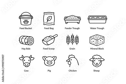 Farm animal icons: feed supplies, tools, and livestock illustrations