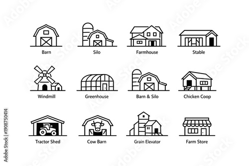 Farm building icons: barn, silo, farmhouse, stable, and more