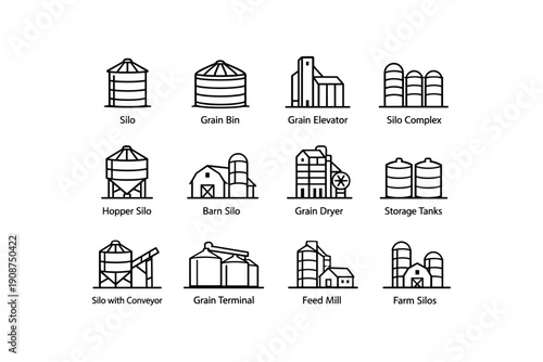 Agricultural storage icons: silo, grain elevator, hopper, barn silo, feed mill