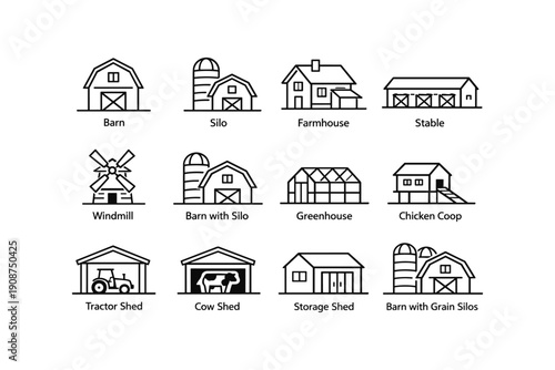 Collection of farm buildings and structures icons