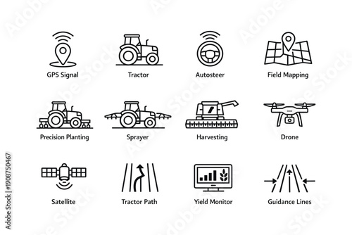 Smart farming icons: gps, tractor, autosteer, drone, satellite, yield monitor