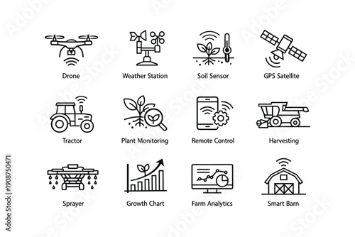 Smart farming technology icons: drone, soil sensor, plant monitoring, gps satellite, farm analytics
