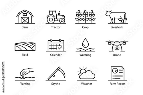 Farm icons set: barn, tractor, crop, livestock, drone, weather, scythe, calendar