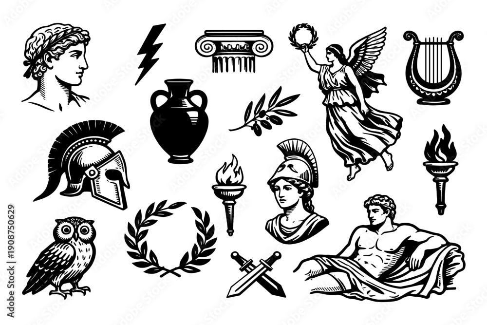 Obraz premium Ancient greek symbols: goddess, warrior, helmet, owl, laurel, columns, torch