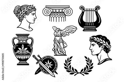 Ancient greek symbols: busts, column, lyre, winged victory, amphora, weapons, laurel
