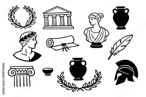 Ancient greek symbols: busts, vases, and architecture icons