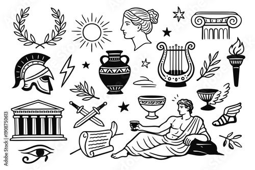 Greek mythology symbols and ancient artifacts collection