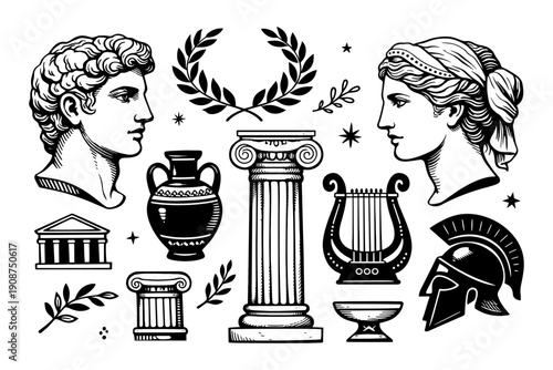 Classical greek artifacts and profiles of male and female figures in black and white
