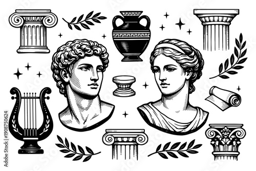 Classical greek art: sculpture busts and architectural elements in black and white