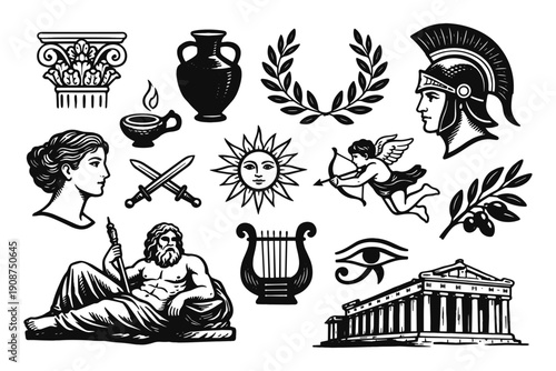 Classical greek symbols: mythology, architecture, and artifacts in black and white