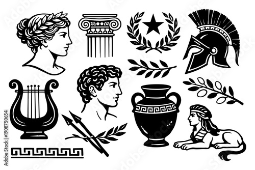 Ancient greek symbols: busts, columns, laurel wreath, helmets, lyre, amphora, sphinx