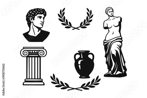 Classical greek art elements: bust, column, amphora, and venus de milo