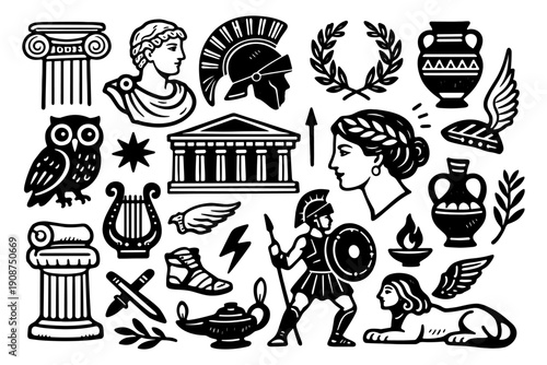 Ancient greek symbols: warriors, architecture, and artifacts