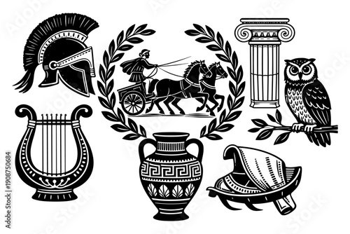 Ancient greek symbols: helmet, chariot, column, owl, lyre, vase, scroll