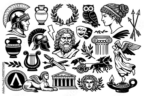 Ancient greek symbols and figures collection: helmets, gods, and mythical creatures