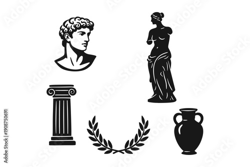 Classical greek art: bust, column, statue, vase, laurel wreath