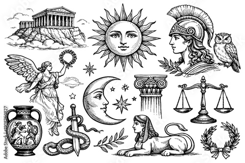 Greek mythology elements: gods, symbols, architecture, and legends illustrated