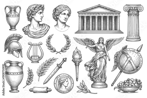 Classical greek and roman artifacts: statues, architecture, and symbols