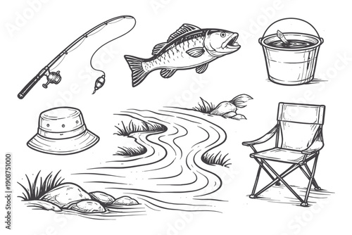 Monochrome fishing collection: rod, fish, stream, chair, hat, bucket