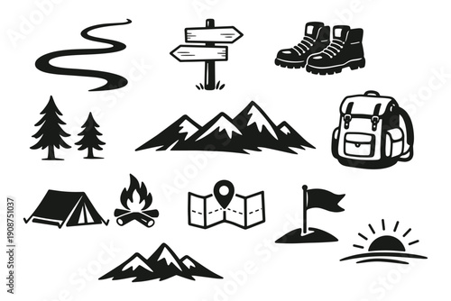 Outdoor adventure elements: hiking, camping, map, backpack, mountains