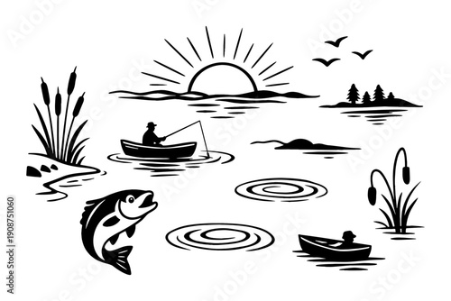 Silhouette fishing scene with boats, fish, and scenic sunrise over lake