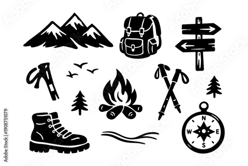 Outdoor adventure essentials: camping gear and hiking icons collection