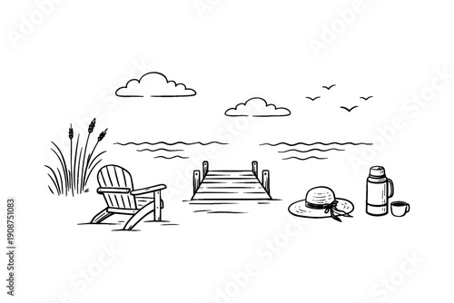 Serene lakeside scene with wooden pier, chair, hat, and thermos