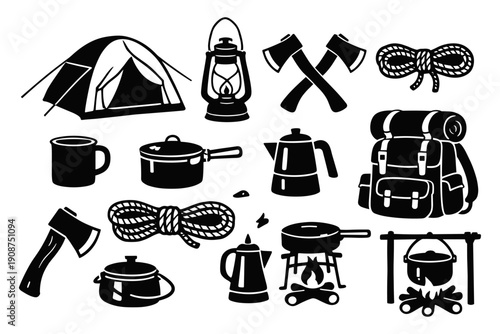 Camping gear essentials: tent, lantern, axes, backpack, cooking tools
