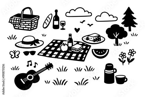 Picnic essentials: blanket, basket, food, guitar, nature icons in black and white