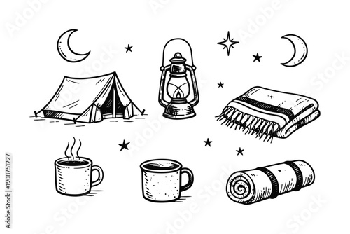 Vintage camping essentials: tent, lantern, blanket, and cups under starry night skies