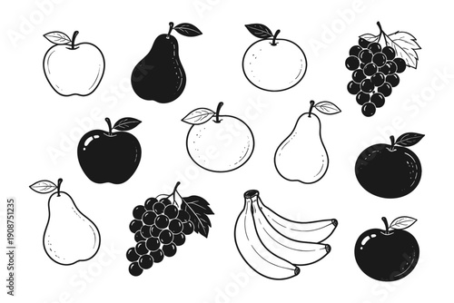 Black and white fruit icons collection: apples, pears, oranges, grapes, bananas