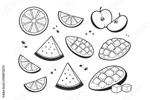 Black and white illustrations of lemon, apple, watermelon, and mango slices on a white background