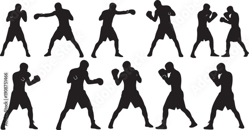 Boxer Silhouettes in Various Fighting Stances and Poses Illustration