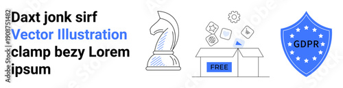 Data privacy, regulatory compliance, business strategy, e-commerce, shipping, data security. Shield labeled GDPR, open box marked free chess knight figure. Data privacy and regulatory compliance