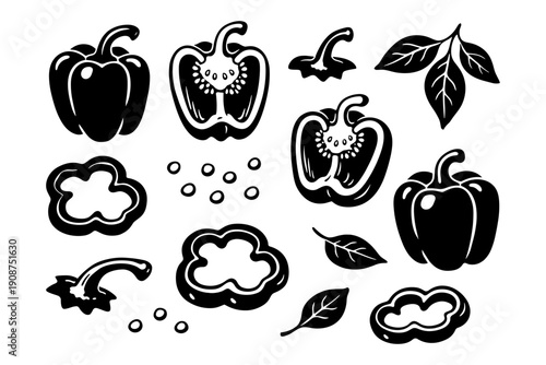 Black and white bell pepper illustrations with slices and leaves