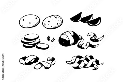 Black and white potato illustrations with slices, peels, and whole potatoes