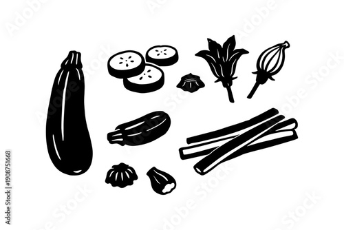 Black and white vegetable illustrations: zucchini, squash blossom, cucumber