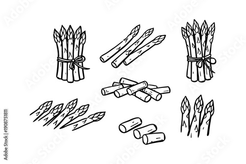 Drawn bunches and pieces of asparagus with tied bundles and detached stalks