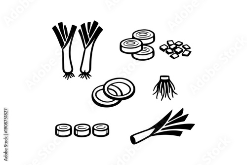Monochrome leek illustrations including whole, chopped, and diced variations