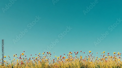 Vibrant wildflowers bloom beneath a clear blue sky on a sunny day