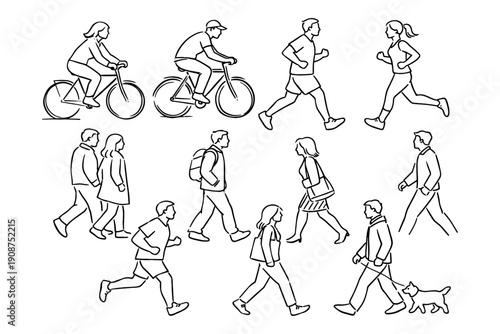 Line art illustrations of active individuals walking, running, and cycling