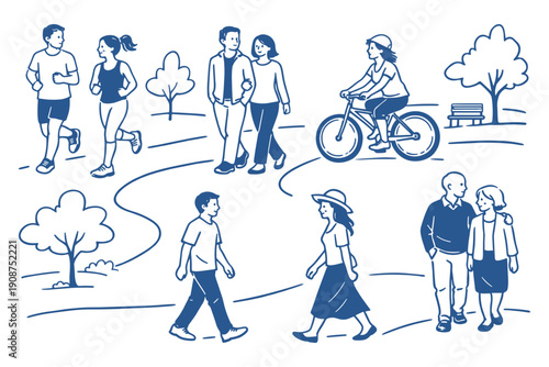 Outdoor recreation: people jogging, walking, and biking in a park
