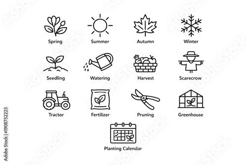 Seasonal gardening icons featuring tools, plants, and activities for spring, summer, autumn, and winter