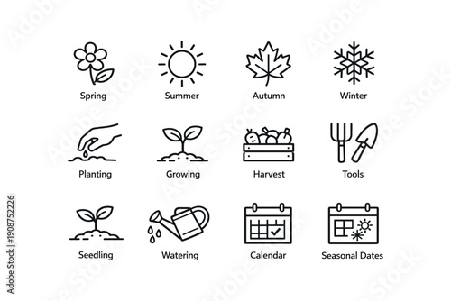 Seasonal gardening icons: spring, summer, autumn, winter, planting