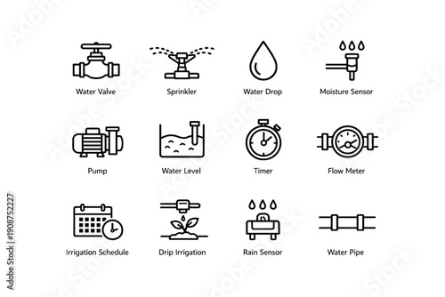 Smart irrigation icons: valve, sprinkler, water drop, sensor, pump, timer