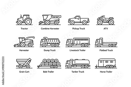 Line icons of farm vehicles and equipment: tractor, harvester, trucks, trailers, atv