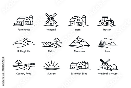 Farm and countryside icons: barn, windmill, tractor, and nature elements