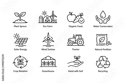 Sustainable agriculture icons: eco farm, organic food, renewable energy, recycling