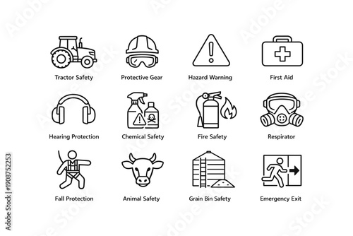 Farm safety icons: protective gear, hazard warnings, emergency protocols