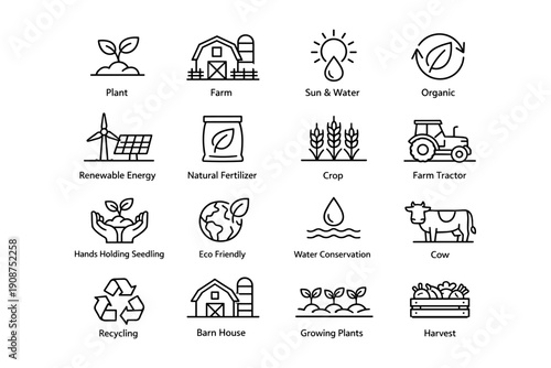 Sustainable agriculture icons: energy, conservation, and farming essentials